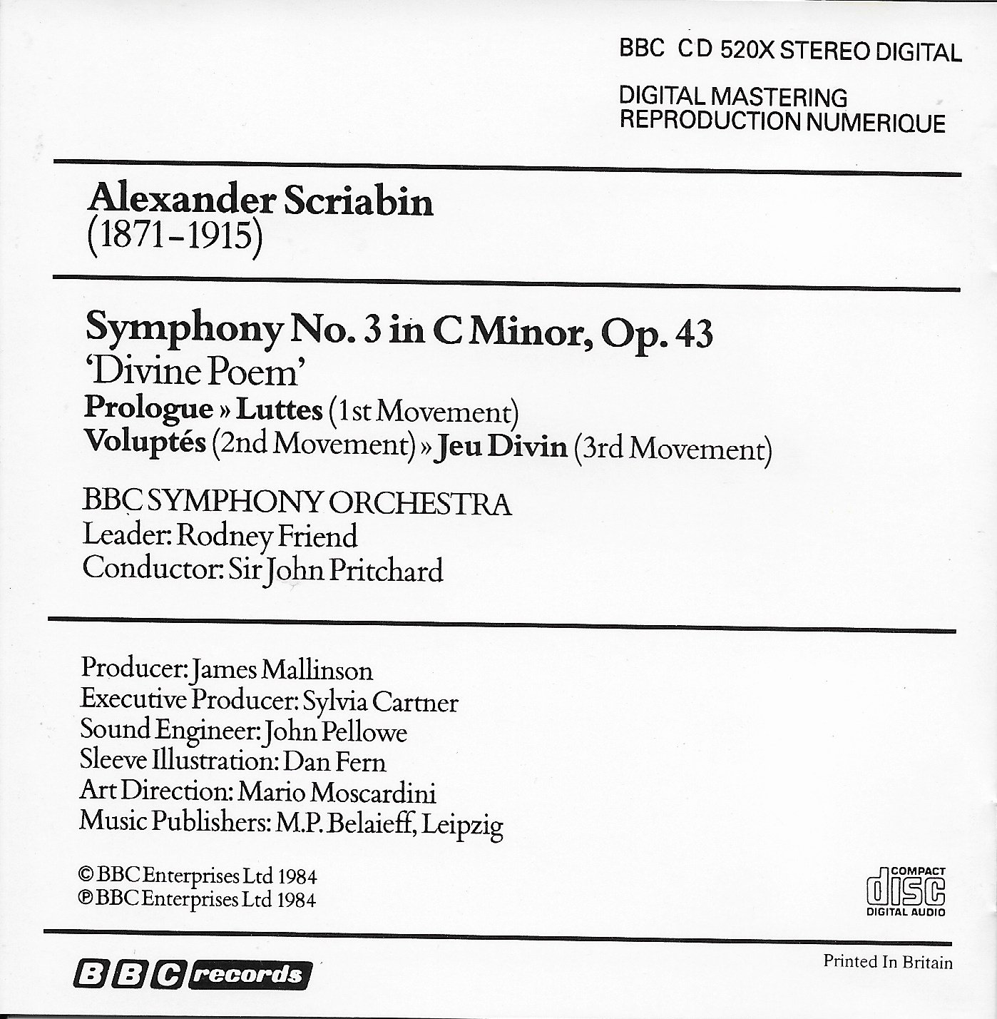 Picture of BBCCD520 Scriabin symphony number 3 by artist Scriabin from the BBC records and Tapes library